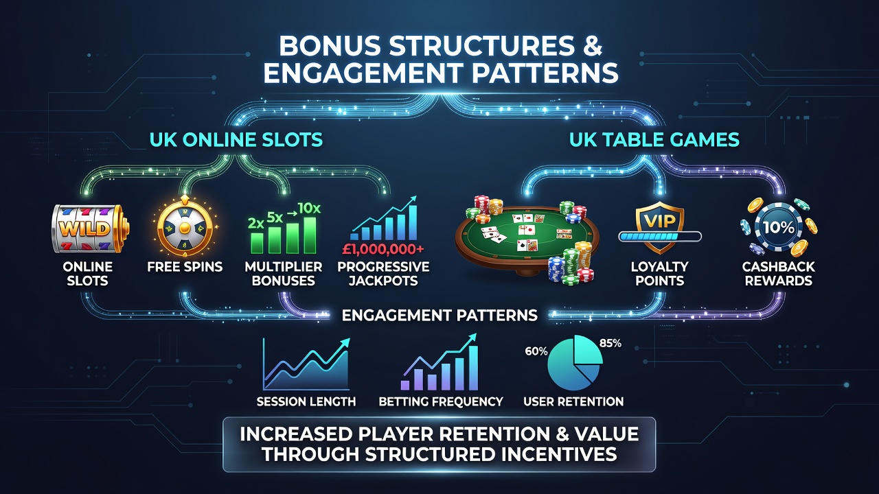 Player engagement charts displaying session data for UK online slots versus table games with bonus overlay graphics